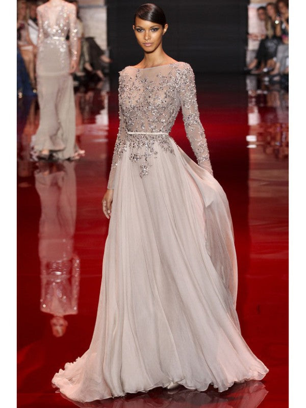 Blushing Pink Chiffon A-Line Floor-Length Evening Dress with Embellished Sheer Bodice