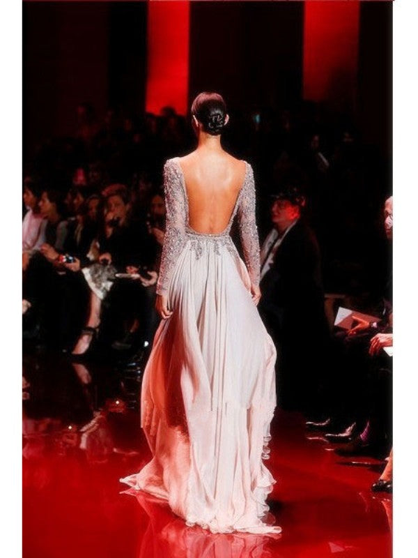 Blushing Pink Chiffon A-Line Floor-Length Evening Dress with Embellished Sheer Bodice