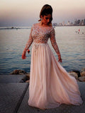 Blushing Pink Chiffon A-Line Floor-Length Evening Dress with Embellished Illusion Neck
