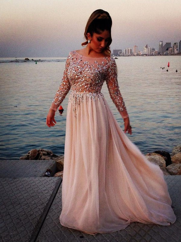 Blushing Pink Chiffon A-Line Floor-Length Evening Dress with Embellished Illusion Neck