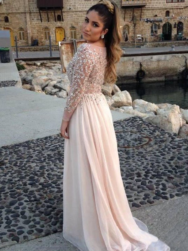 Blushing Pink Chiffon A-Line Floor-Length Evening Dress with Embellished Illusion Neck