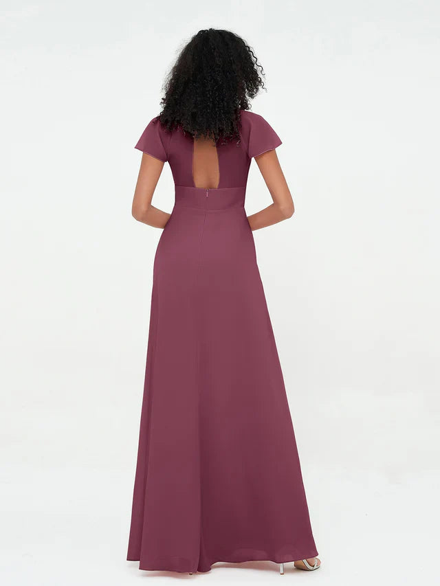 Chiffon Short-Sleeve Round Neck Ruched Bodice A-Line Floor-Length Bridesmaid Dresses