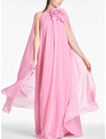 Pink Chiffon A-Line Floor-Length Dress with Halter Neckline, 3D Floral Embellishment & Cape Overlay