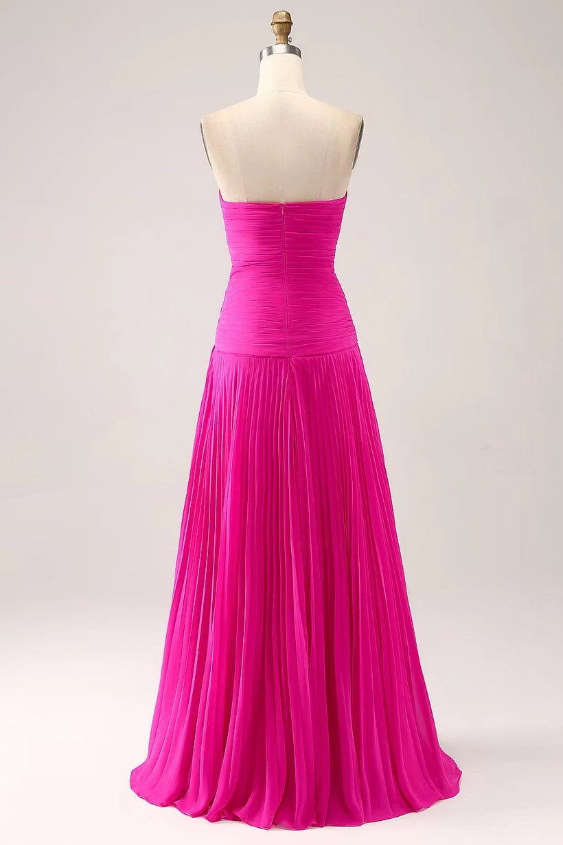 Magenta Chiffon A-Line Sweetheart Zipper Back Floor Length Dress Back View - Jimiss