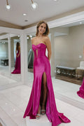 Magenta Stretch Satin Sheath Column Strapless Zipper Back Floor Length Dress - Jimiss