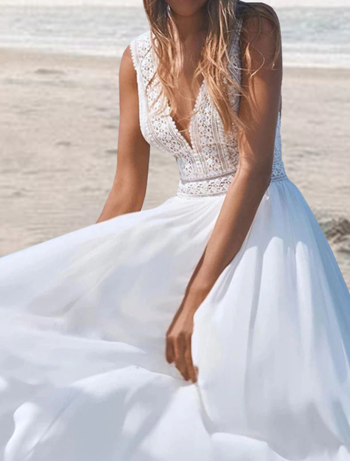 Vestidos de novia bohemios con espalda abierta para playa, corte A, escote en V, sin mangas, largo hasta el suelo, de gasa
