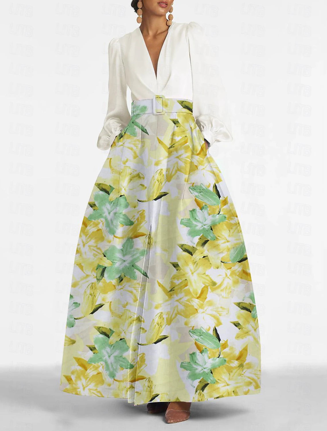 White Satin V-Neck A-Line Floor-Length Dress with Floral Pleated Skirt