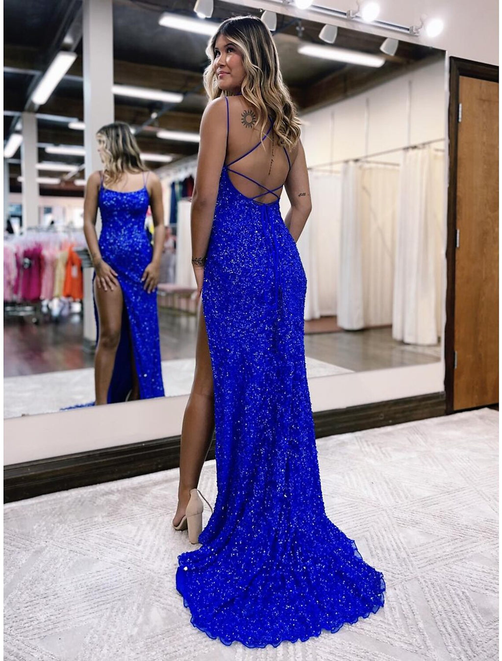 Royal Blue Sequin Square Neck Sheath/column Floor-Length Evening Dress
