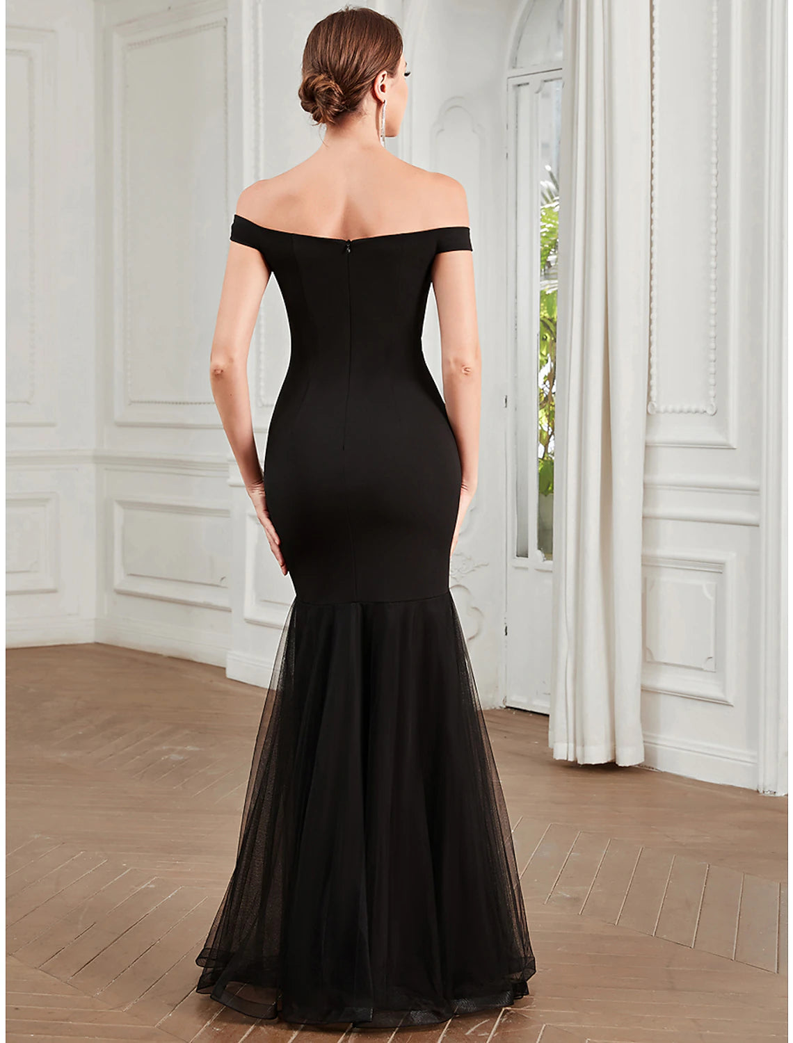 Vestido de noche elegante de sirena/trompeta, para fiesta, para invitados de boda, largo hasta el suelo, sin mangas, hombros descubiertos, poliéster con pliegues
