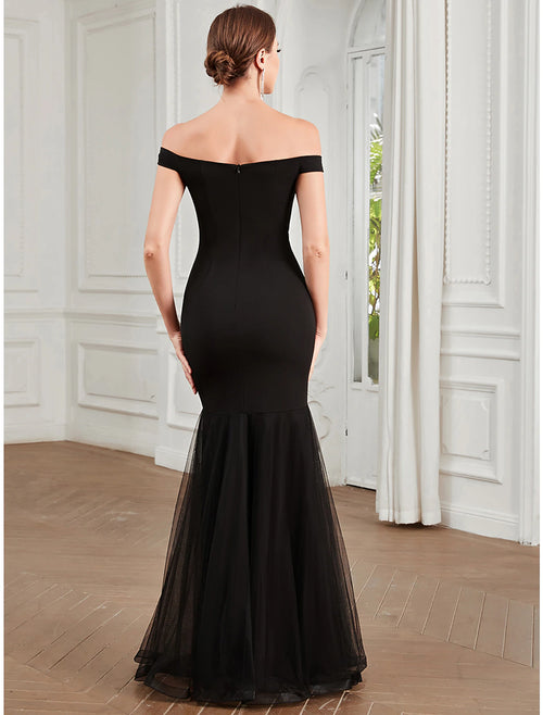 Black Crepe Off-the-Shoulder Sweetheart Mermaid Floor-Length Dress