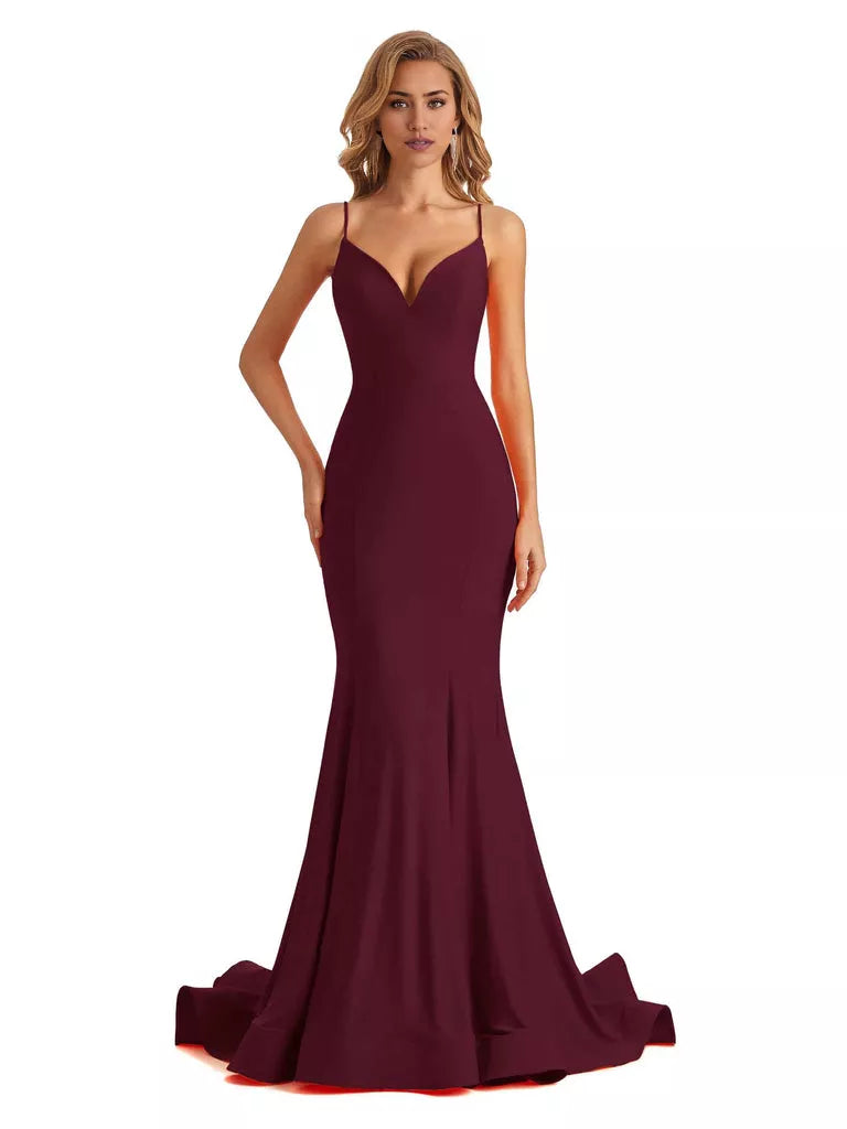 Vestido de dama de honor largo, formal, sin mangas, con escote en V y tirantes finos, de sirena, sexy