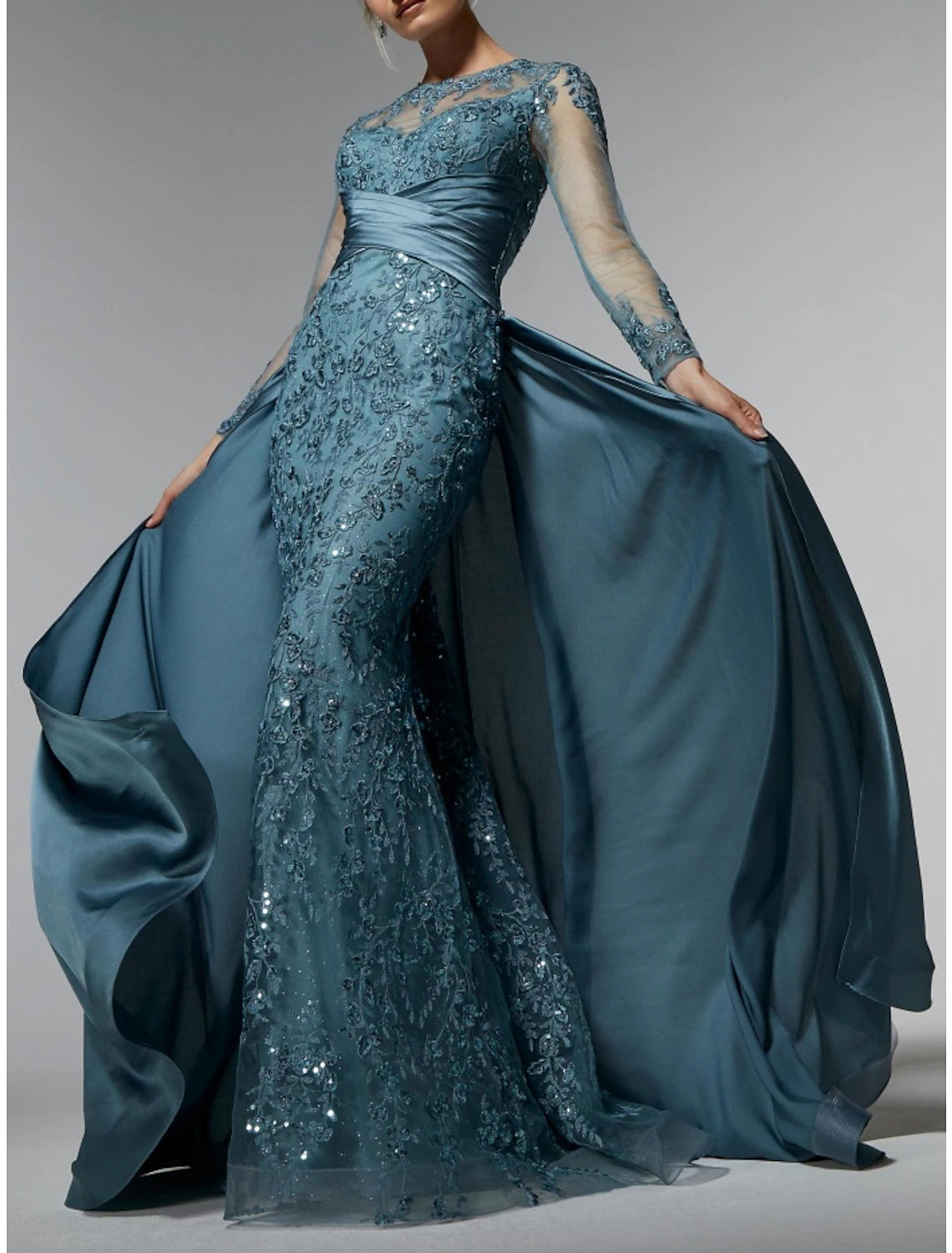 Mermaid / Trumpet Mother of the Bride Dress Wedding Guest Elegant Jewel Neck Sweep / Brush Train  Satin Long Sleeve with Lace Sequin Ruching