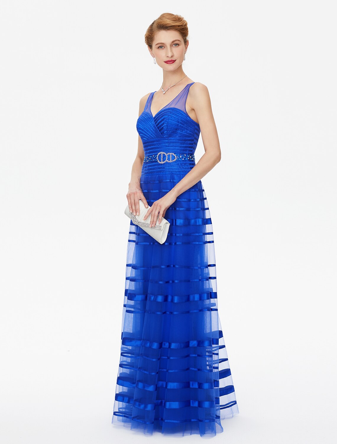 Abito da madre della sposa a trapezio, con spalline scoperte sulla schiena, lunghezza al pavimento, in tulle e raso, senza maniche, con perline