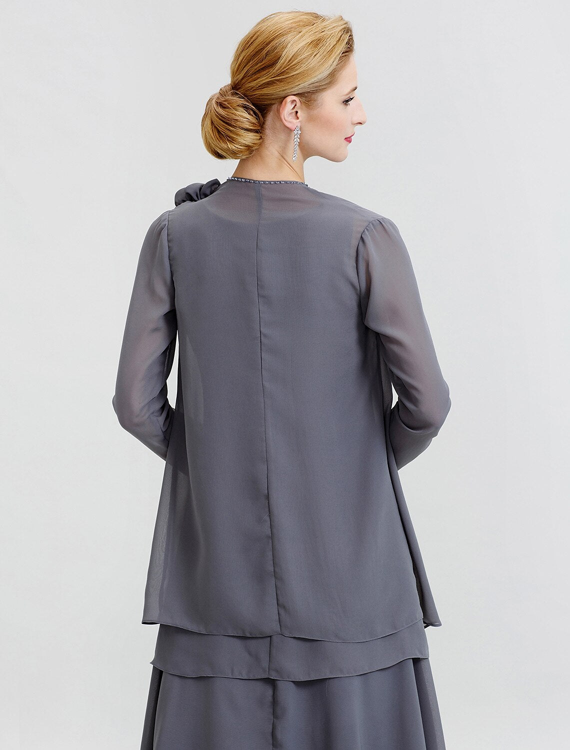 Abito da madre della sposa a trapezio, formale, floreale, convertibile, scollo a barchetta, lunghezza pavimento, in chiffon, manica lunga, avvolgente, con perline e fiori a strati