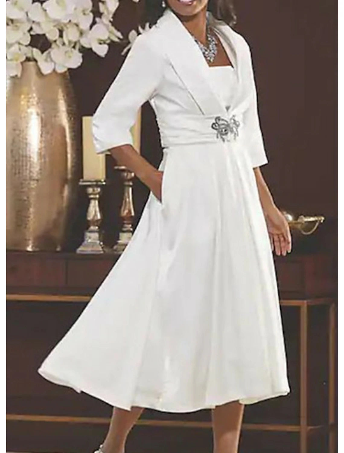 A-Line Mother of the Bride Dress Wedding Guest Elegant Vintage Plus Size Square Neck Tea Length Polyester 3/4 Length Sleeve Jacket Dresses with Ruching