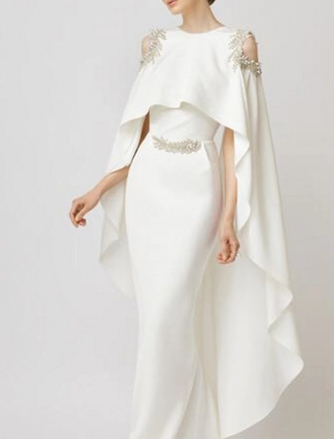 Mermaid / Trumpet Evening Gown Elegant Dress Formal Wedding Guest Floor Length Sleeveless Jewel Neck Capes  Chiffon with Appliques