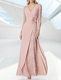 Blushing Pink Chiffon & Lace V-Neck Floor-Length Sheath/Column Dress with Illusion Sleeves