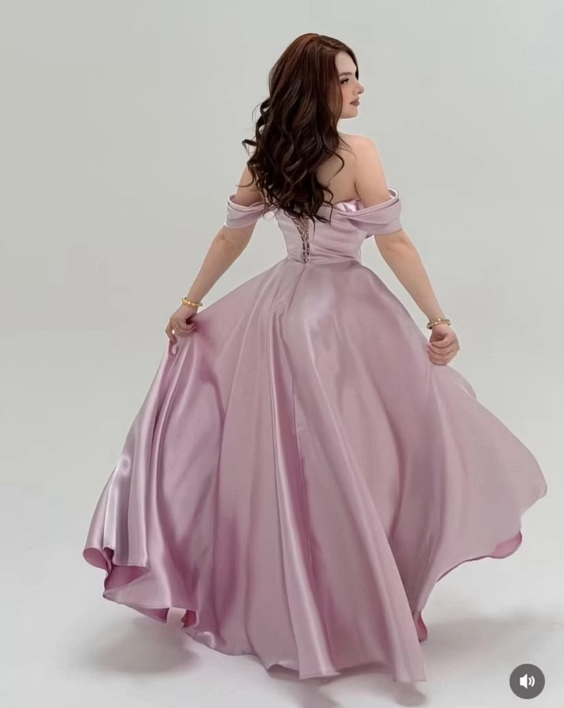 Mauve Satin A-Line Off The Shoulder Lace Up Back Floor-Length Dress Back View - Jimiss