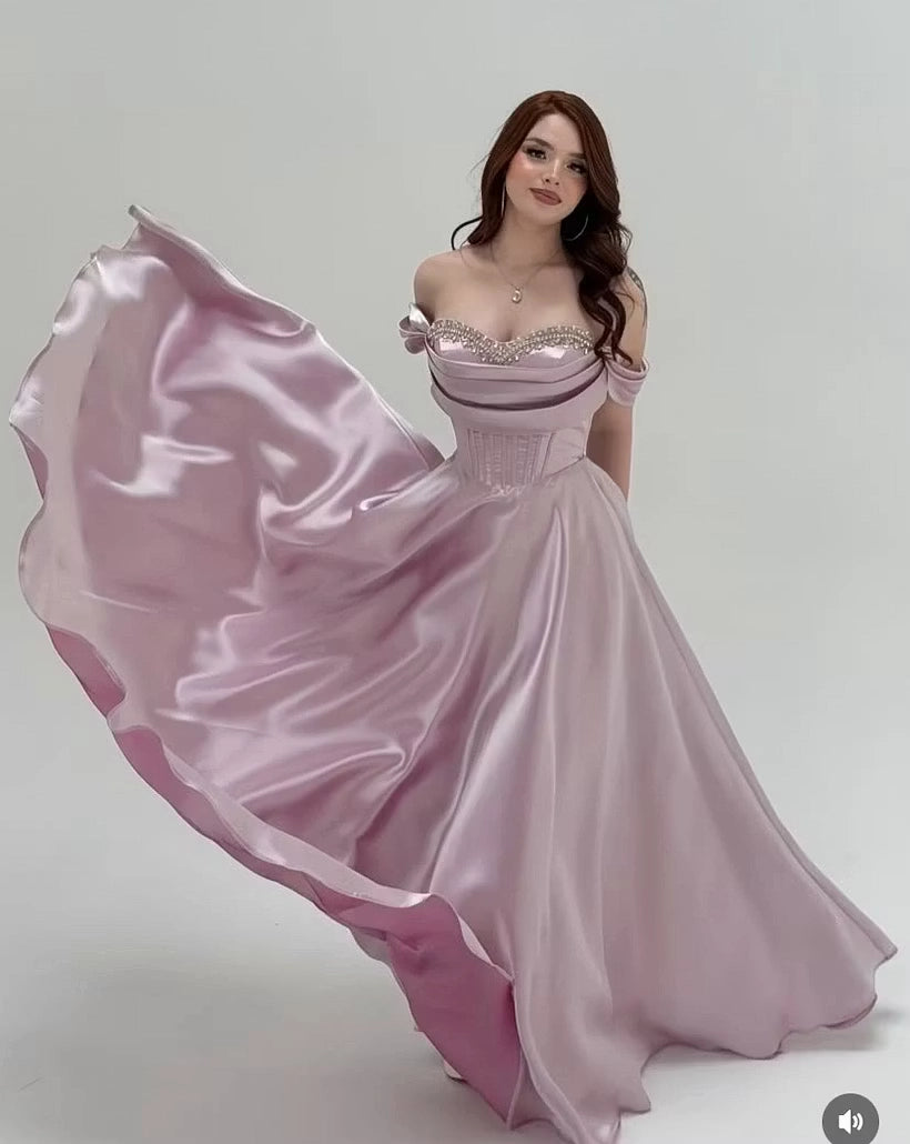 Mauve Satin A-Line Off The Shoulder Lace Up Back Floor-Length Dress Detail - Jimiss