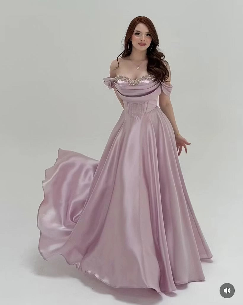 Mauve Satin A-Line Off The Shoulder Lace Up Back Floor-Length Dress Detail - Jimiss