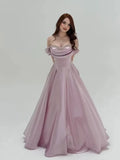 Mauve Satin A-Line Off The Shoulder Lace Up Back Floor-Length Dress Front View - Jimiss
