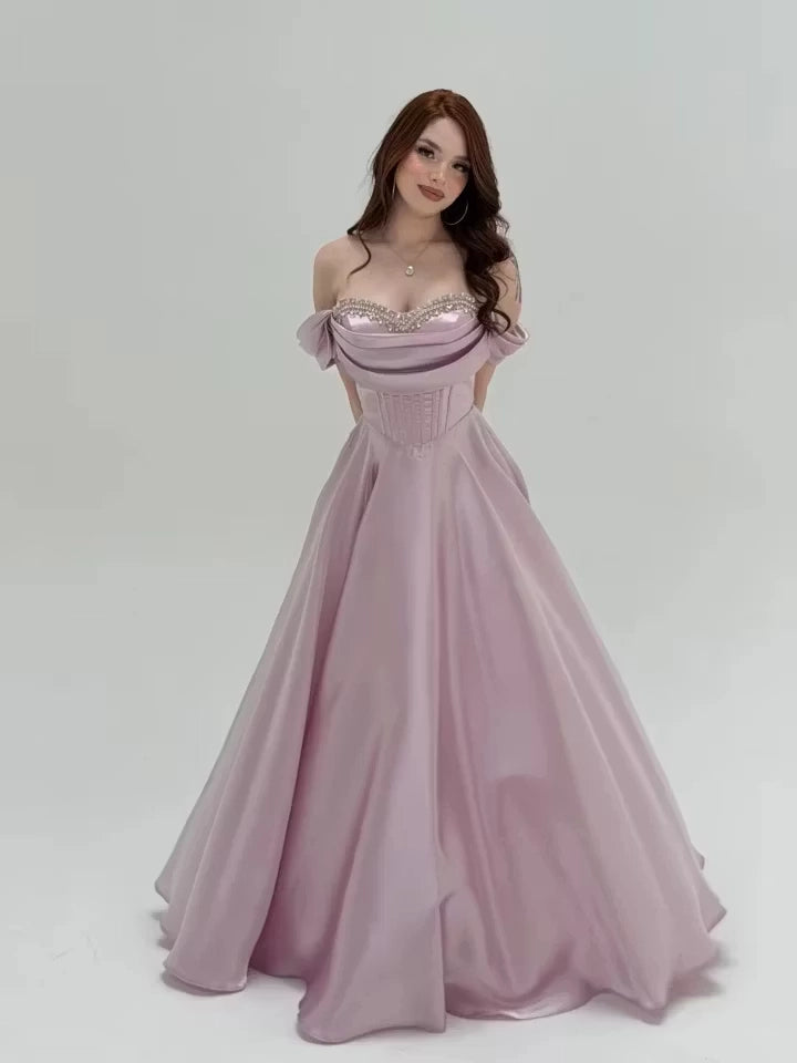 Mauve Satin A-Line Off The Shoulder Lace Up Back Floor-Length Dress Front View - Jimiss