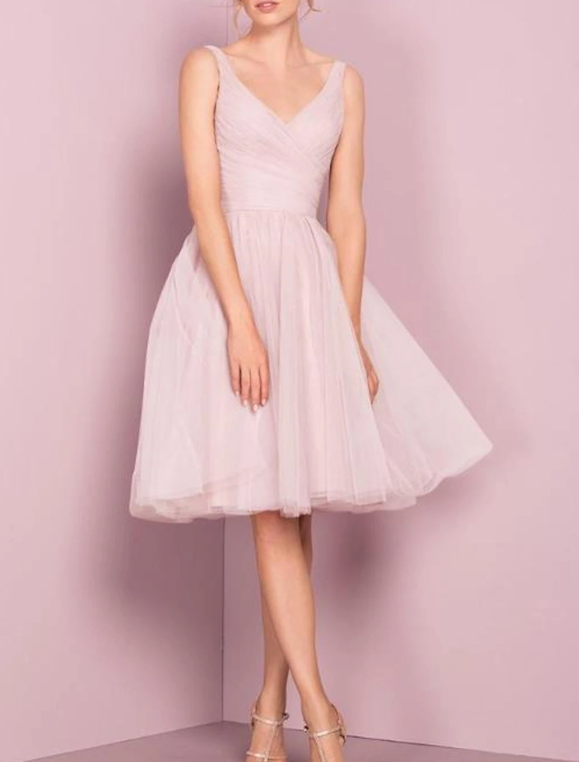 Blushing Pink Tulle A-Line Knee-Length Bridesmaid Dress