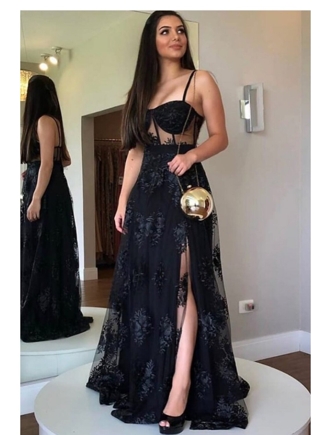 Abiti da ballo a trapezio, abiti da festa, abiti da sposa, lunghi fino al pavimento, senza maniche, scollo a cuore, stile Mercoledì Addams, in pizzo, senza schienale con spacchi applicati
