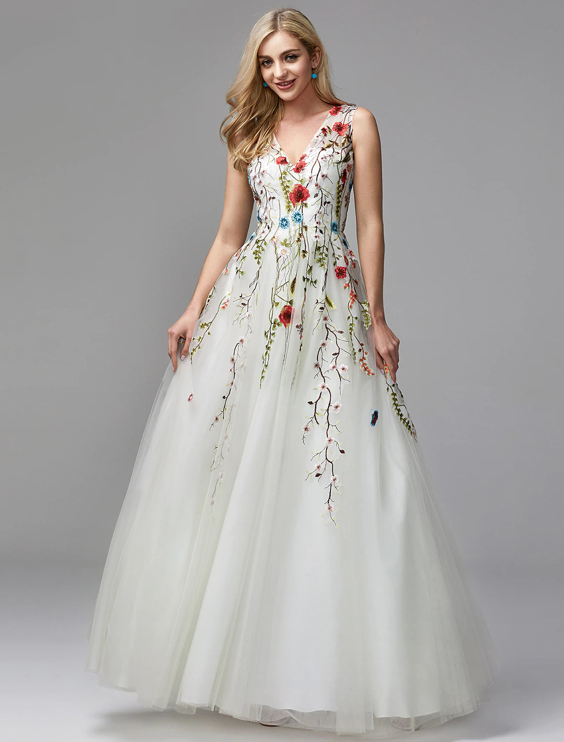 White Floral Embroidered Tulle A-Line Floor-Length Evening Dress