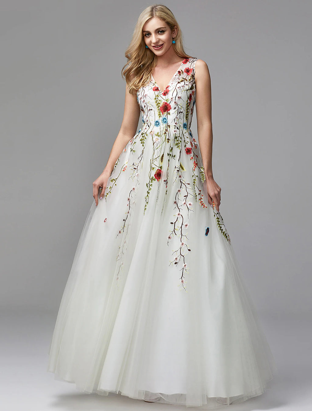Vestidos para ocasiones especiales de corte A, vestido floral, para invitados de boda, regreso a casa, largo hasta el suelo, sin mangas, cuello en V, encaje con apliques bordados