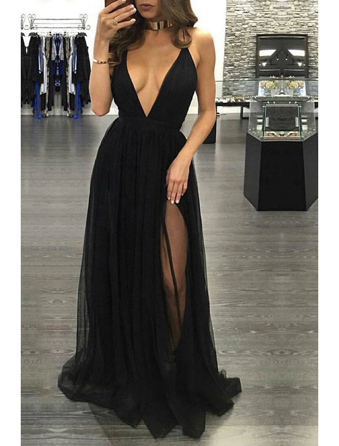 Black Chiffon A-Line Floor-Length Evening Dress with Plunging V-neck