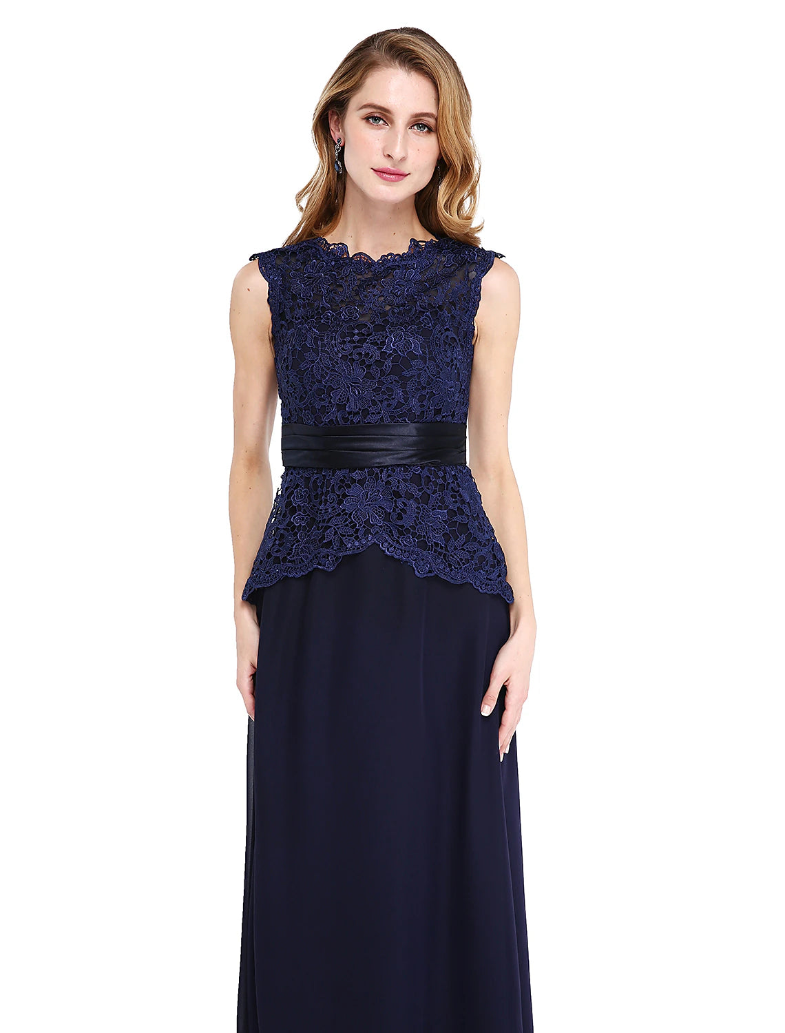 Vestido de madre de la novia con corte tubo/columna, espalda abierta, escote joya, largo hasta el suelo, gasa, encaje, sin mangas, con faja/cinta y botones