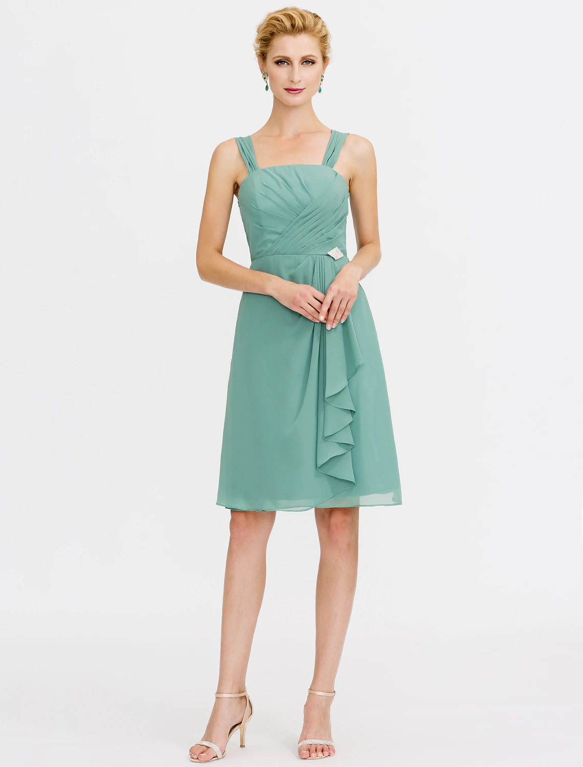 Abito da sposa a trapezio, elegante, corto/mini, in chiffon, senza maniche, con pieghe e perline, due pezzi, formale