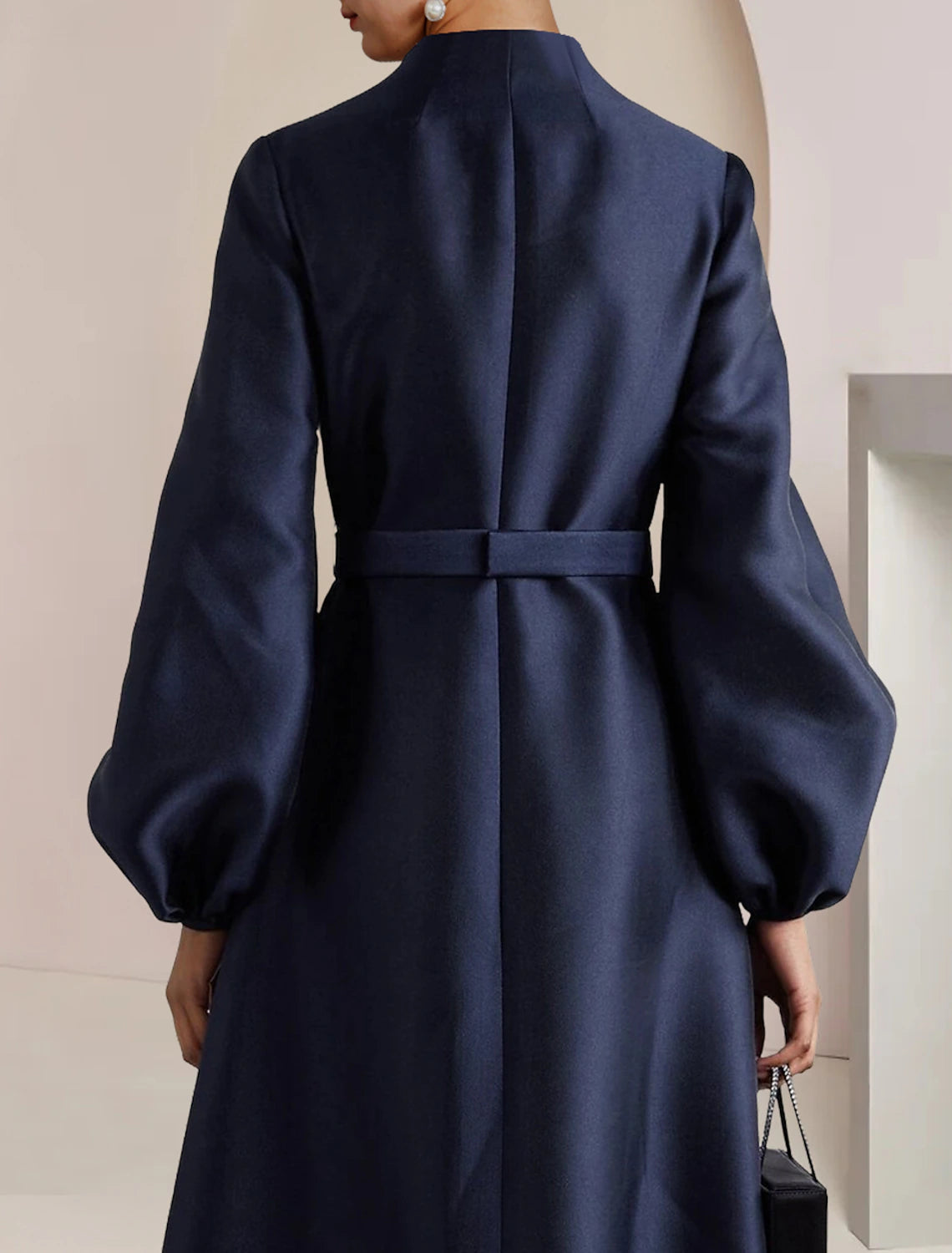 Dark Navy Satin A-Line V-Neck Floor-Length Evening Dress with Voluminous Sleeves