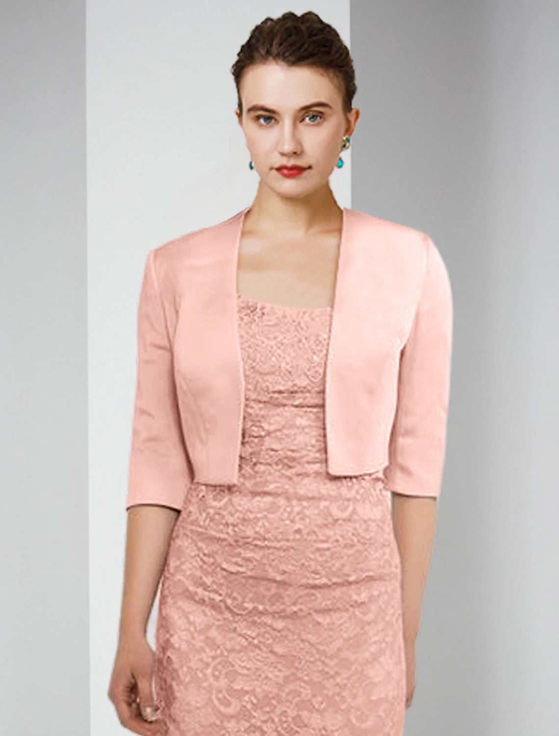 Vestido de dos piezas para madre de la novia, estilo tubo/columna, elegante, de invierno, con chaqueta, media manga, escote cuadrado, largo hasta el suelo, satén, encaje, color liso.