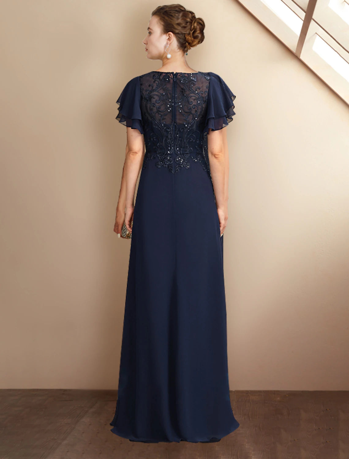 Abito da madre della sposa a trapezio, elegante, con scollo gioiello, lunghezza pavimento, in chiffon, pizzo, maniche corte, con applicazioni di paillettes