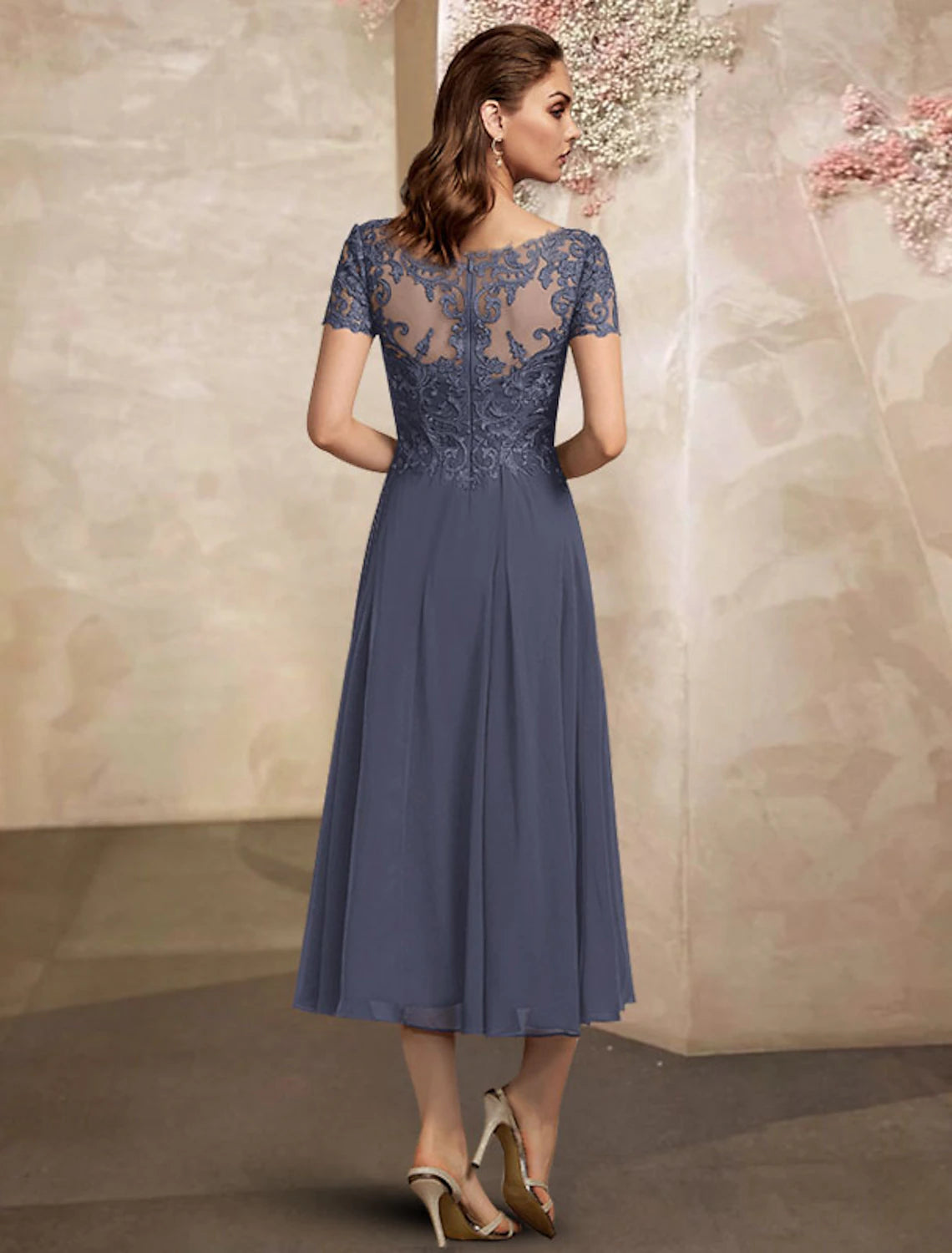 Slate Blue Lace V-Neck A-Line Tea-Length Bridesmaid Dress