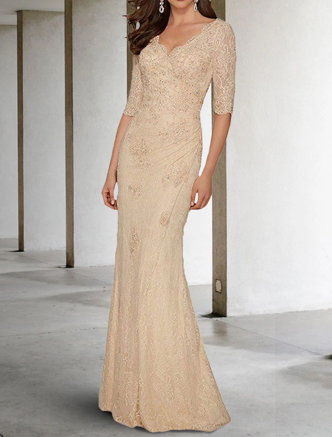 Abito da sposa a sirena/tromba, per la madre della sposa, taglie forti, sexy, scollo a V, strascico a ruota, in chiffon, pizzo, mezza manica con applicazioni in pizzo, autunno