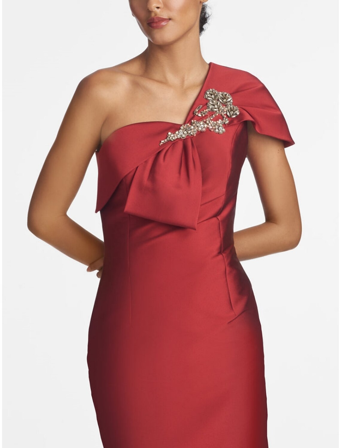 Vestido de noche elegante con corte en forma de columna, para Navidad, formal, largo hasta el suelo, sin mangas, un hombro, de satén con cristales y flores en los hombros.