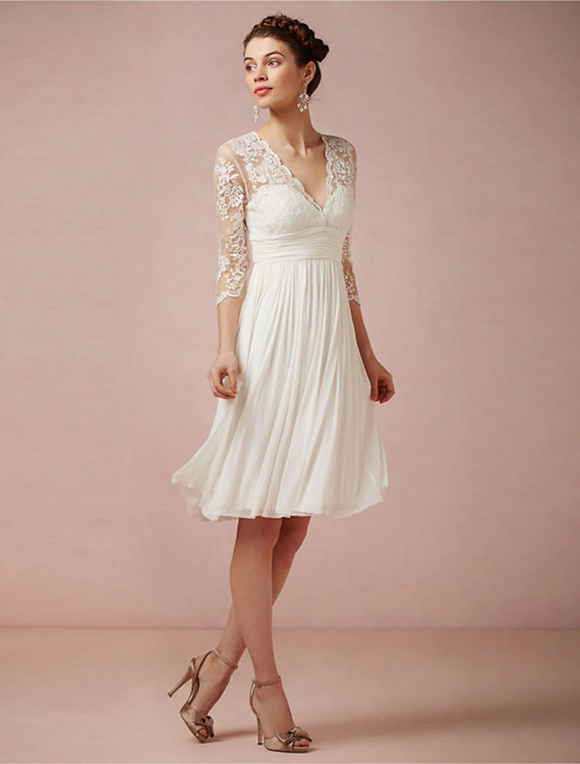 Abiti da sposa autunnali da ricevimento, con schiena scoperta, abitini bianchi, linea ad A, scollo a V, maniche a 3/4, lunghezza al ginocchio, abiti da sposa in chiffon con arricciature, abbigliamento estivo da donna per feste di matrimonio