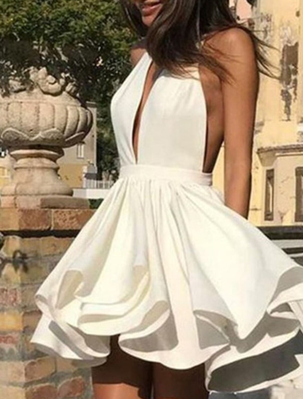 Ivory Crepe A-Line Short Dress with Halter Neckline & Backless Ruffled Skirt