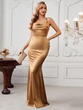 Vestidos de fiesta de sirena/trompeta, vestido sexy para boda, fiesta, semiformal, largo hasta el suelo, sin mangas, tirantes finos, satén con fruncido