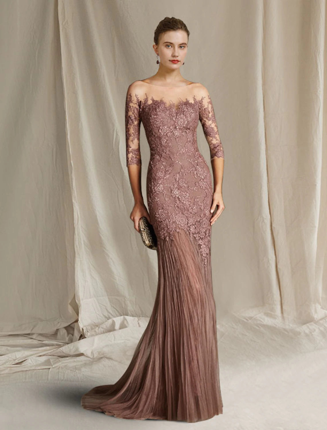 Mauve Lace Mermaid Floor-Length Dress with Illusion Neck