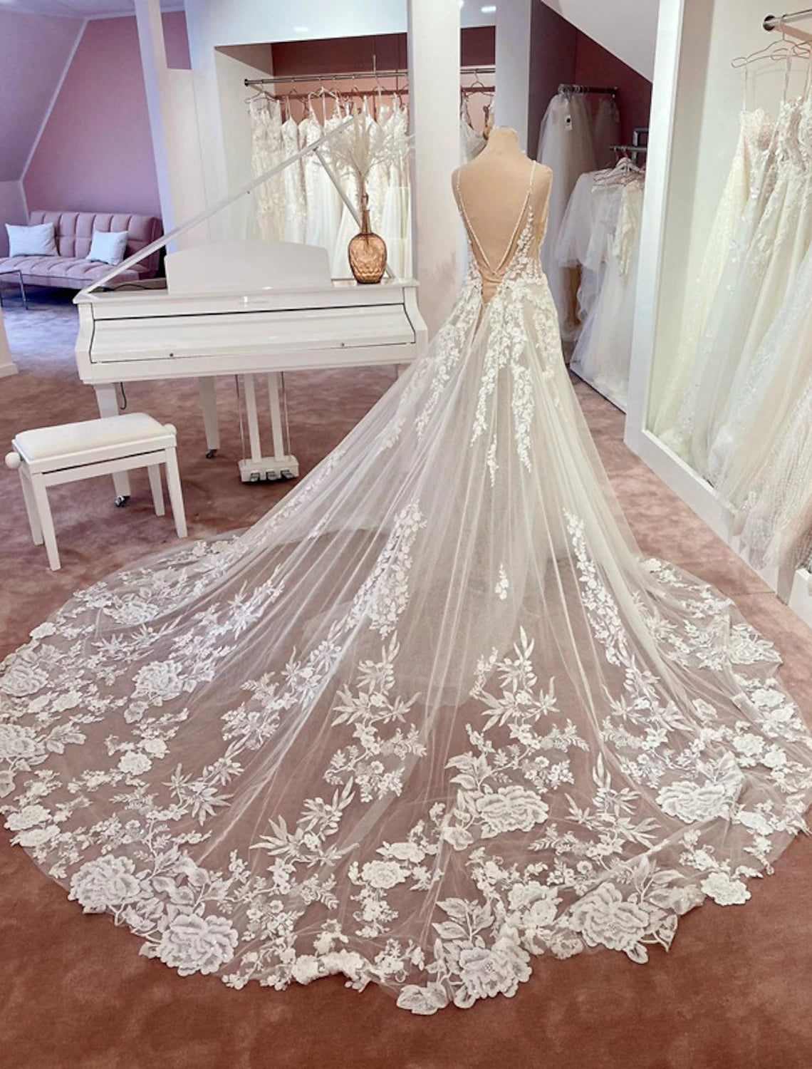 Ivory Lace A-Line V-Neck Floor-Length Bridesmaid Dress with Floral Appliques