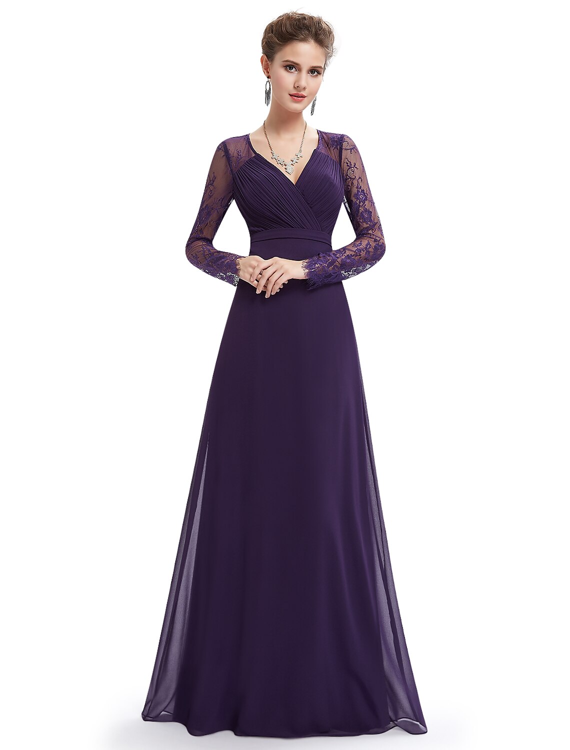 Forest Green Chiffon A-Line Floor-Length Bridesmaid Dress with Pleated Bodice & Lace Sleeves