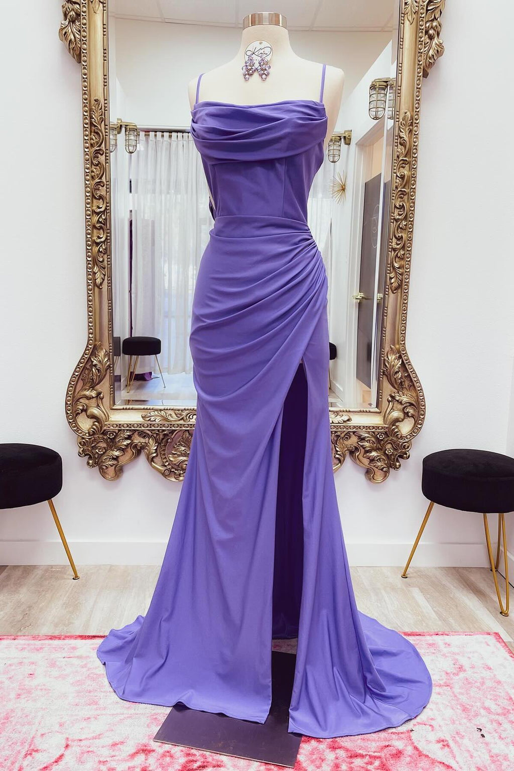 Elegant Mermaid Cowl Sleeveless Slit Purple Train Prom Dress