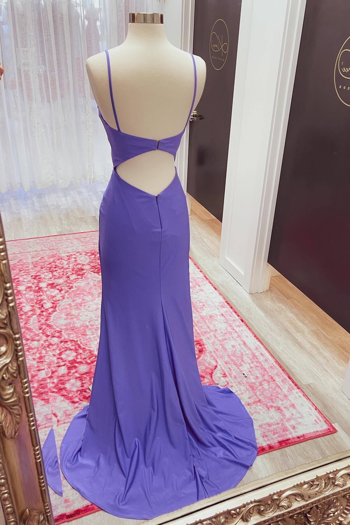 Elegant Mermaid Cowl Sleeveless Slit Purple Train Prom Dress