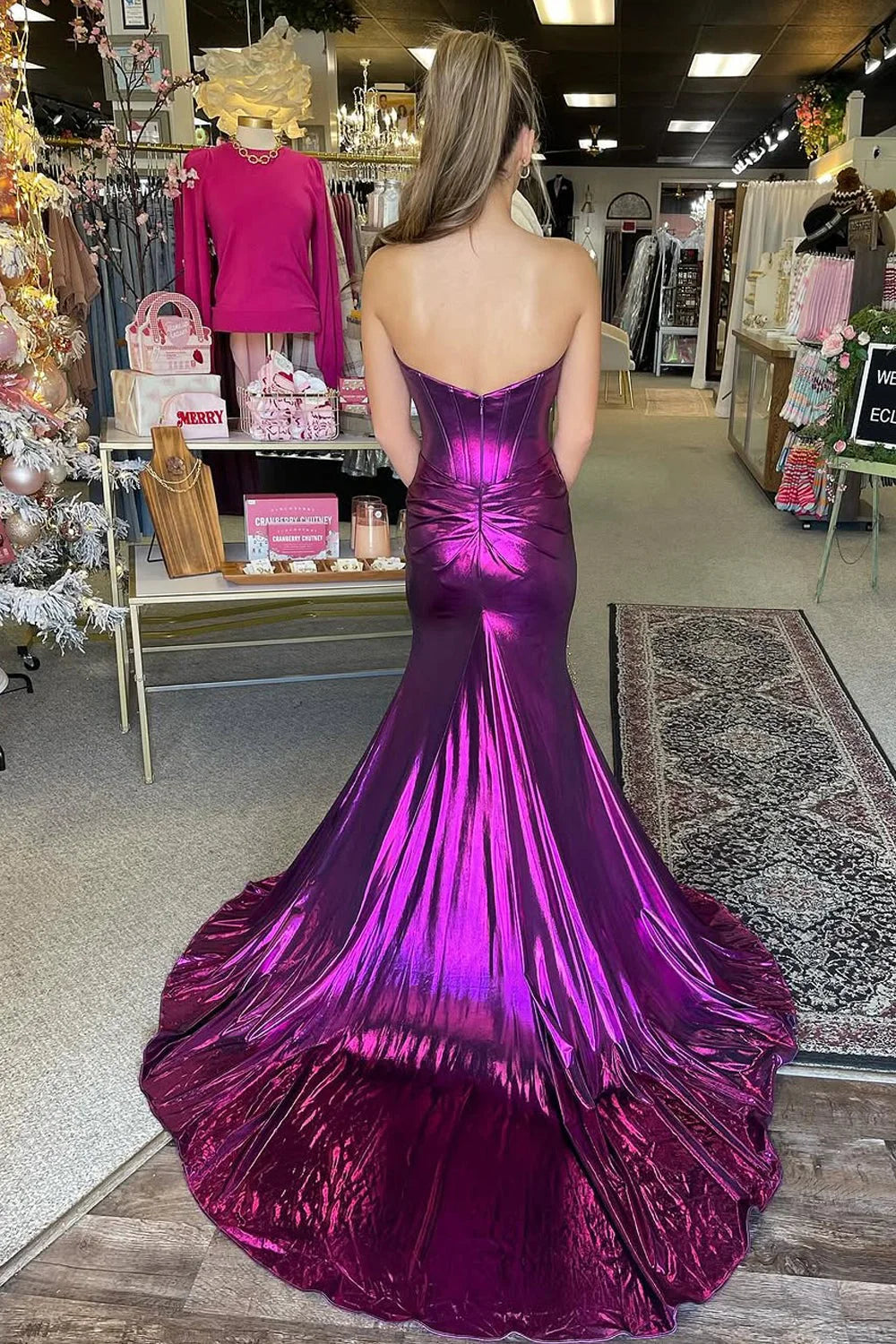 Metallic Magenta Metallic Stretch Satin mermaid sweetheart floor-length Dress - Jimiss