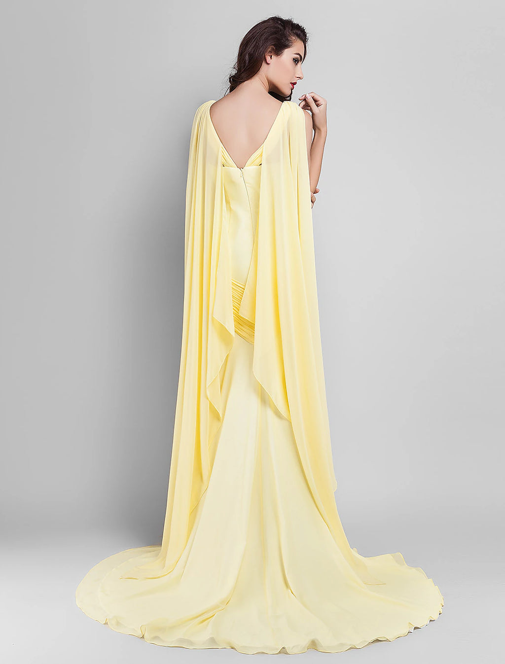 Lemon Chiffon Sheath/column Floor-Length Evening Dress with Flowing Cape