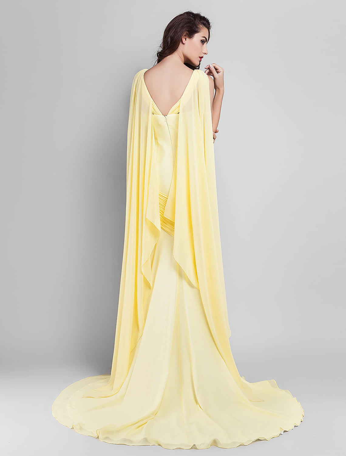 Lemon Chiffon Sheath/column Floor-Length Evening Dress with Flowing Cape